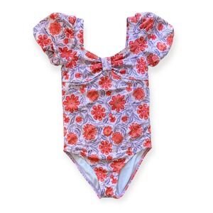 Janie and Jack Kids Girls Size 8 Floral Print One Piece Swimsuit Puff Sleeve Bow